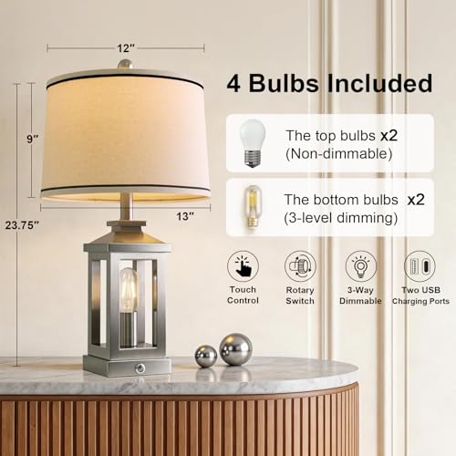 Modern Table Lamps Set of 2 for Living Room 23.75" Bedroom Nightstand Lamps | Touch Lamps with Three-level Dimming Nightlight, Bulbs Included, USB Charging Ports, Silver Modern Bedside Side Table Lamp - color: Metal Silver