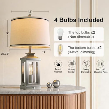 Modern Table Lamps Set of 2 for Living Room 23.75" Bedroom Nightstand Lamps | Touch Lamps with Three-level Dimming Nightlight, Bulbs Included, USB Charging Ports, Silver Modern Bedside Side Table Lamp - color: Metal Silver