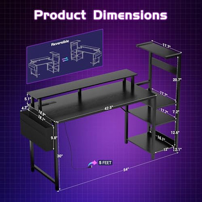 Gaming Desk 54 Inch Computer Table with Storage Shelves & Monitor Stand | LED Setup Style, PC Tower Stand, Reversible Workstation, USB Charging Port, for Home Office Desk, Bedroom, Dorm, Black - size: 54inch