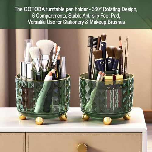 GOTOBA Dark Green Pen Pencil Holder for Desk, 360° Rotating Pen Organizer, Green Office Supplies, Cute Pen Holder, 6-Compartment Pencil Holder Rotating - color: Dark Green