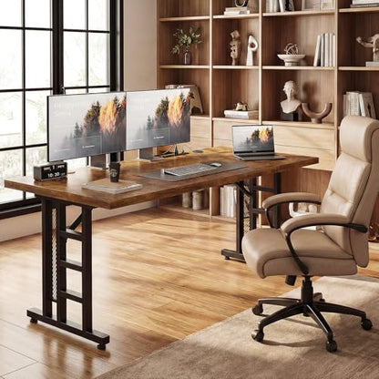 OffiGo 78 Inch Executive Computer Desk with Outlets, Rustic Brown