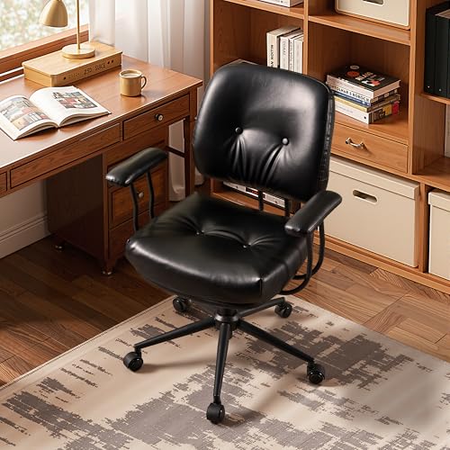 HOOOWOOO Ergonomic Office Chair,Mid Century Modern Computer Desk Chair,Comfy Executive Chair with Extra Wide Tufted Cloudy Seat Lumbar Support Rocking Back,PU Leather Black - color: Pu Leather Black-cloudy Seat, size: Mid Back
