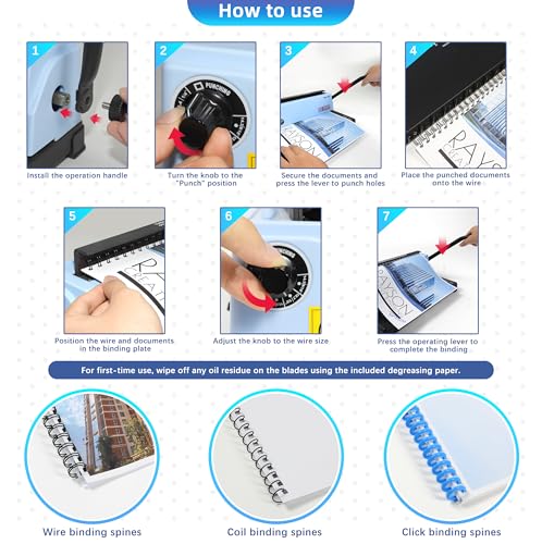 RAYSON Wire Binding Machine, Punches 12 Sheets, Binds up to 120 Sheets, Sturdy Metal Construction, Includes 1 Box of 3:1 Pitch Wire Binding Spines