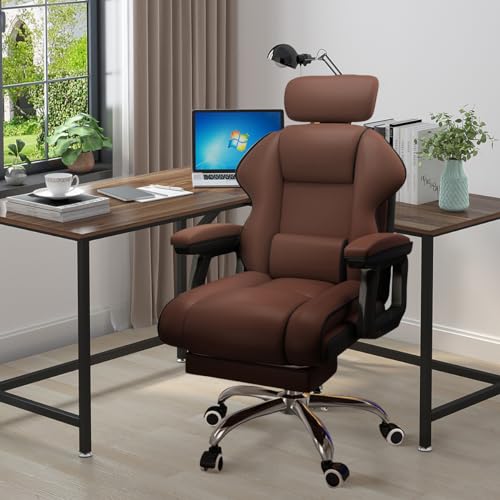 Executive Computer Chair Home Office Desk Chair,Adjustable Angle, Ergonomic Adjustable Height PU Leather Chairs with Cushions Armrest for Long Time Seating-High Office Chair with Footrest - color: Brown