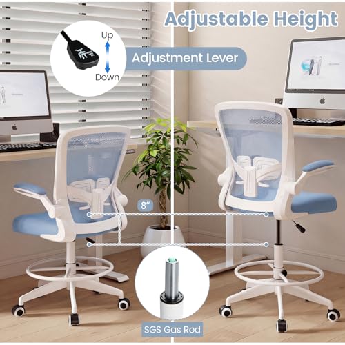 COSTWAY Drafting Chair with Flip-up Armrests & Adjustable Foot Ring, 1 Pack - color: Blue