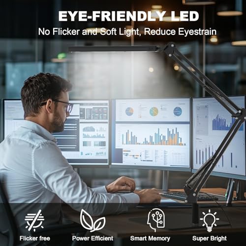 TROPICALTREE LED Desk Lamp for Home Office and Round Base, Clamp-On with 5 Light Modes & Auto Shut Off | 14W Adjustable Brightness 5000K Eye-Caring Lighting for Study/Bedroom/Computer Desk - color: Black