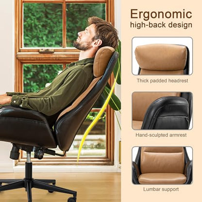 Glitzhome High Back Office Chair,Modern Ergonomic Swivel Office Chair,Adjustable Home Office Desk Chair with Lumbar Support,Black & Camel - color: Black & Camel