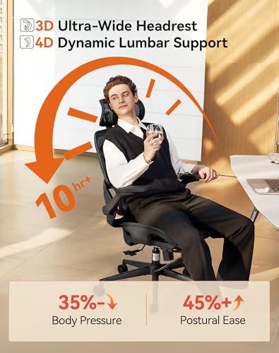 SIHOO B100 PRO Ergonomic Mesh Office Chair with Footrest | Desk Chair With Adaptive Lumbar Support, Wide Headrest, 360° Rotatable Flip-Up Armrests, Black - color: Ink Black, size: Pack of 1