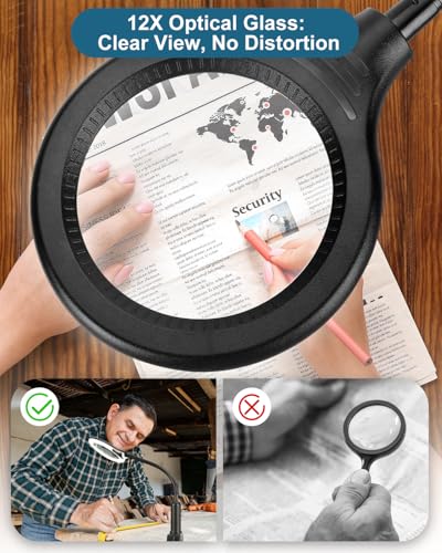 12X Magnifying Glass with Light and Stand, Real Glass, LED 5 Color Modes, Brightness Stepless Dimming Lighted Magnifier Hands Free with Flexible Gooseneck Desk Clamp Lamp for Close Work, Craft, Hobby - color: Black