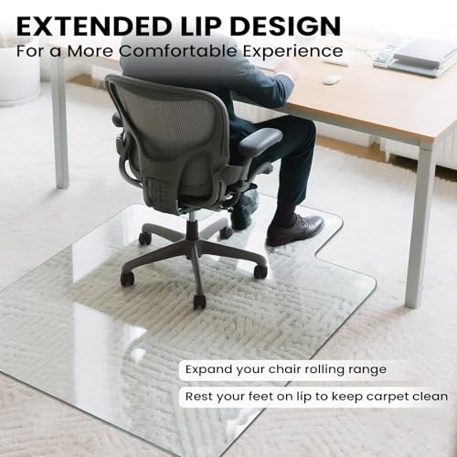 Tempered Glass Chair Mat with Lip, 36”x48” Heavy-Duty Office Floor Protector for Under-Desk Reach, for Carpet & Hardwood, 1/5" Thick - size: 36" x 48" w/ Lip