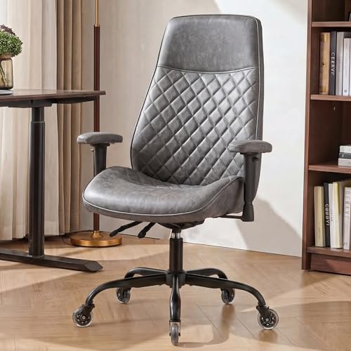 NEO CHAIR Leather Office Chair with Ergonomic Design, Executive Chair Grey | Computer Desk Chair with Lumbar Support, Adjustable Height Arms, Comfy Home Office Chair, Smooth Rolling and Swivel Design - color: H. High-back Grey
