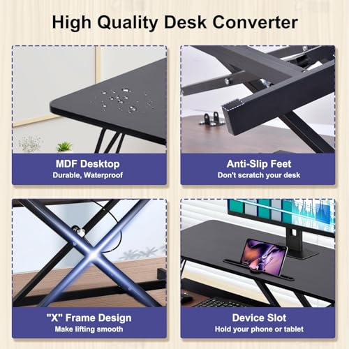 38-inch Standing Desk Converter Height Adjustable Sit to Stand Up Workstation, Duals Monitor and Laptop Riser with Wide Keyboard Tray, for Home, School, Company, Black - color: Black