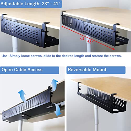 AEONS Under Desk Cable Management Tray Kit - Horizontal Adjustable up to 41” Removable C Clamp Mount Reversible Computer Cord Raceway and Modesty Panel for Large Table, Black - style: 41" Black