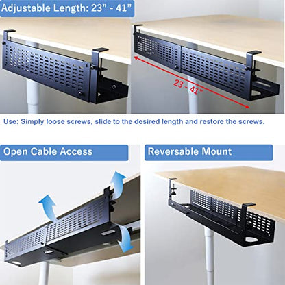 AEONS Under Desk Cable Management Tray Kit - Horizontal Adjustable up to 41” Removable C Clamp Mount Reversible Computer Cord Raceway and Modesty Panel for Large Table, Black - style: 41" Black