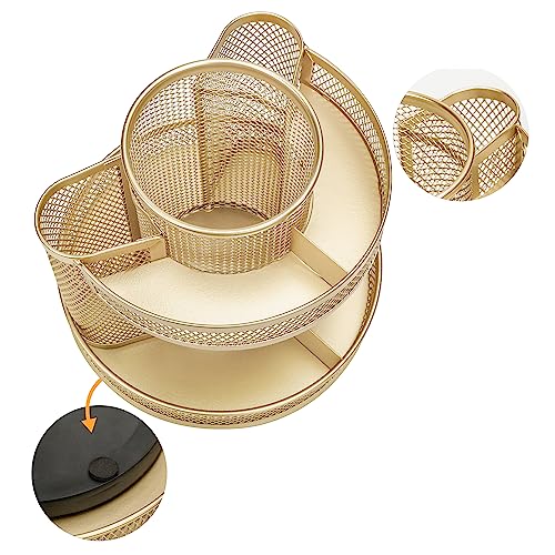 Annova Mesh Desk Organizer Rotate with 5 Compartments Round Spinning Tidy Candy/Pen Holder Desk Accessories Office, Art Supply, Storage, Classroom, Home (Gold) - color: Gold