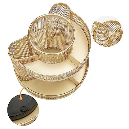Annova Mesh Desk Organizer Rotate with 5 Compartments Round Spinning Tidy Candy/Pen Holder Desk Accessories Office, Art Supply, Storage, Classroom, Home (Gold) - color: Gold