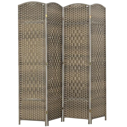HOMCOM 4 Panel Room Divider 6 Ft Privacy Screen Hand-Woven Dark Rustic Oak | Folding PP Wall Partition, Pine Wood Frame, Freestanding Room Separator, Bedroom Home Office, No Assembly - color: Oak, size: 4 Panel