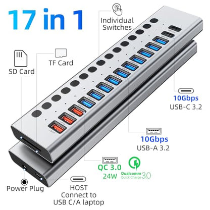 VANGREE Powered USB Hub 10Gbps, 17 Ports USB 3.2 Hub, 96W Power Adapter - color: Silver