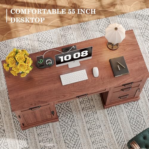 Alohappy 55'' Farmhouse Executive Desk, Home Office Desk with Drawers, Wood Computert Desk with File Cabinet and Power Outlets, Cherry Brown - color: Cherry Brown, size: 55''