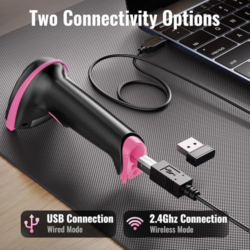 Tera Barcode Scanner with Battery Indicator: 1D Wireless, 5100 Pink | USB Wired 2.4G Wireless Reader, 2200mAh Battery, 1D Laser Scanning, IP54 Protection, Retail Checkout Warehouse Library School - color: 1D Pink