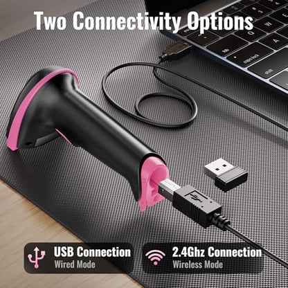 Tera Barcode Scanner with Battery Indicator: 1D Wireless, 5100 Pink | USB Wired 2.4G Wireless Reader, 2200mAh Battery, 1D Laser Scanning, IP54 Protection, Retail Checkout Warehouse Library School - color: 1D Pink