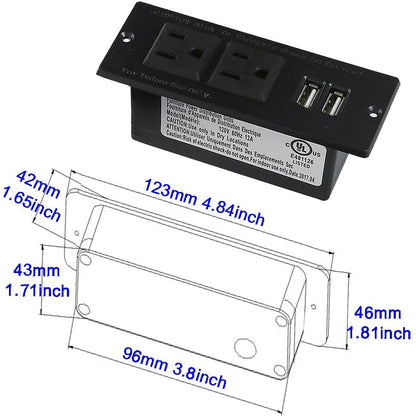 Desktop Power Strip with 2 Outlets 2 USB 2.1A Insert Mounting Built in Desk Table Sofa Cabinet Nightstand - color: Black