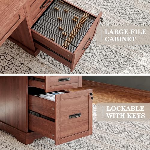 Alohappy 55'' Farmhouse Executive Desk, Home Office Desk with Drawers, Wood Computert Desk with File Cabinet and Power Outlets, Cherry Brown - color: Cherry Brown, size: 55''