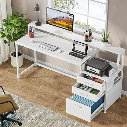 Tribesigns 63 Inch Computer Desk with File Drawer Cabinet, Ergonomic Desk - color: White