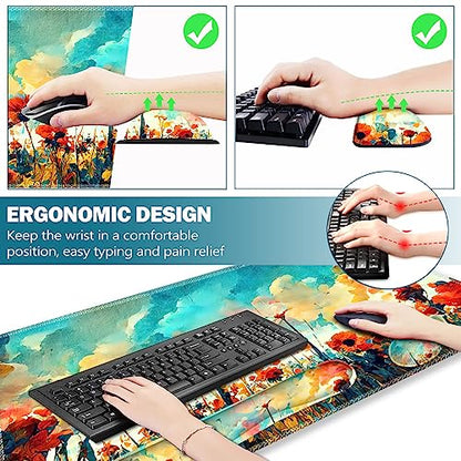 ARTSO Gaming Mouse Pad Wrist Support Set, XXL Large Desk Mat Mousepad + Keyboard Wrist Support+ Mouse Wrist Rest+Coaster 4in1 Ergonomic, Stitched Edge for Home Office -Oil Painting Flowers Plants - color: Oil Painting Flowers Plants