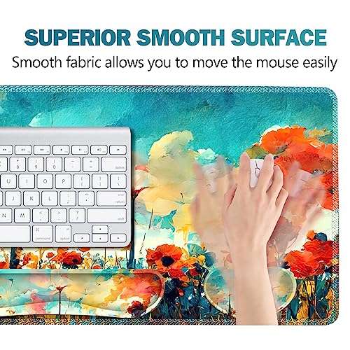 ARTSO Gaming Mouse Pad Wrist Support Set, XXL Large Desk Mat Mousepad + Keyboard Wrist Support+ Mouse Wrist Rest+Coaster 4in1 Ergonomic, Stitched Edge for Home Office -Oil Painting Flowers Plants - color: Oil Painting Flowers Plants