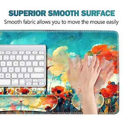 ARTSO Gaming Mouse Pad Wrist Support Set, XXL Large Desk Mat Mousepad + Keyboard Wrist Support+ Mouse Wrist Rest+Coaster 4in1 Ergonomic, Stitched Edge for Home Office -Oil Painting Flowers Plants - color: Oil Painting Flowers Plants
