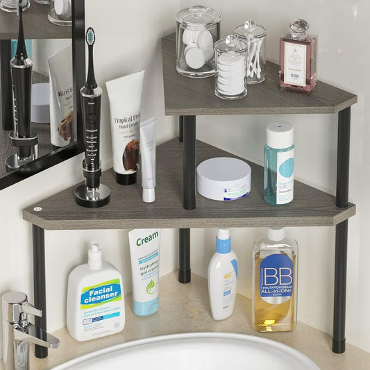 Weenson Bathroom Counter Organizer Over Sink Organizer for Toiletries, Makeup, Kitchen Countertop Organizer Spice Rack for Salt, 2-Tier Corner Counter Shelf for Coffee Area Storage(Rustic Grey) - color: Rustic Grey