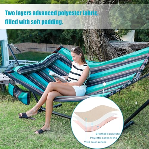 TegerDeger 12FT 2 Person Hammock with V Shaped Spreader Bar -Teal Stripes - color: Teal Stripes