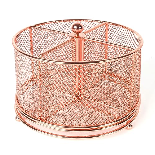 360° Rotating Multifunctional Pen Holder, Cosmetic Organizer | Cutlery Holder,Desktop Stationery Storage, 4 Compartments Mesh Large Capacity Storage - color: Rose Gold
