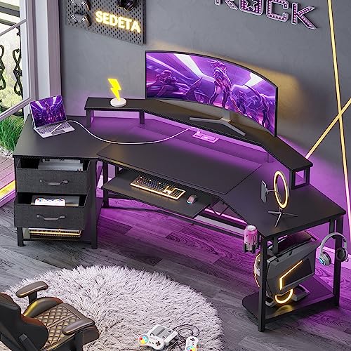 SEDETA 79" Gaming Desk with Fabric Drawers Storage, LED Light & Power Strip | Carbon Fiber Black Long Computer Desk with Monitor Stand, Keyboard Tray, CPU Shelf, CUP Holder, Hooks for Work, Writing - color: Carbon Fiber Black