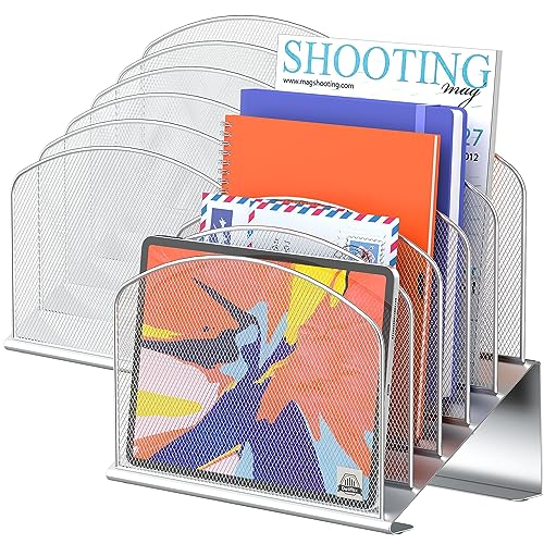 Delifox Inclined Desk File Organizer,Vertical File Folder Holder Stand Metal Rack File Sorter for Office Classroom Desktop Organization (2, Silver, 5) - color: Silver, size: 2Pack