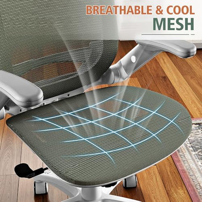 GABRYLLY Ergonomic Office Chair, High Back Home Desk Chair with Headrest, Flip-Up Arms, 90-120° Tilt Lock and Wide Cushion, 300LBS Mesh Chairs for Man Woman, White Task Chair(Olive Green,GY01WOG) - color: White Frame Olive Green Mesh