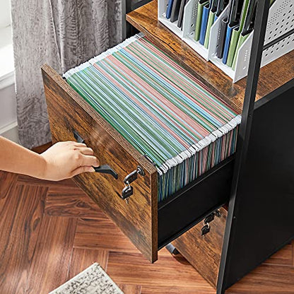 VASAGLE 2-Drawer File Cabinet with Lock, Open Shelf, Printer Stand | For A4 and Letter Sized Files, Adjustable Feet, Industrial, Rustic Brown and Black, BARNET Collection UOFC045B01V1