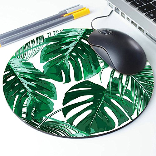 Tropical Leaf Mousepad - Mat - Beautiful Design - Leaves Green with White Background - Round Mouse pad - color: Multi 03