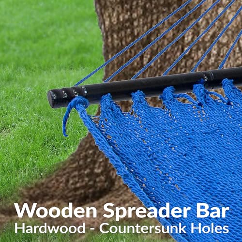 Sunnydaze Heavy Duty Double Rope Hammock for Outside, 600 lb Capacity | Blue, 75" x 55" Bed, Soft-Spun Polyester, Wood Spreader Bars, 2-Person Outdoor Hammock for Backyard, Camping, or Patio - color: Blue