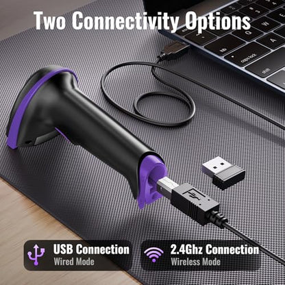 Tera Barcode Scanner with Battery Indicator: 1D Wireless, 5100 Purple | USB Wired 2.4G Wireless Reader, 2200mAh Battery, 1D Laser Scanning, IP54 Protection, Retail Checkout Warehouse Library School - color: 1D Purple