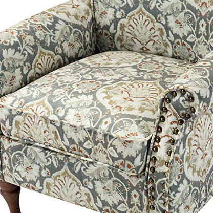 HULALA HOME Traditional Floral Accent Chair with Solid Wood Legs, Pine | Comfy Upholstered Armchair Reading Chair with Rolled Armrests, Nailhead Trim, Removable Cushion, for Living Room Bedroom - color: Pine