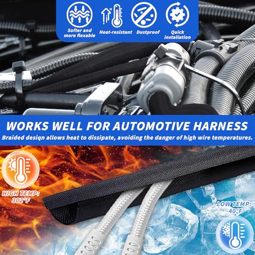 30ft - 3/8in Split Braided Sleeve Cable Management, Self-Wrapping | Flexible loom tubing protects wires from abrasion and heat. Great for automotive, TV, computer, and home electrical use. - size: 3/8inx30ft
