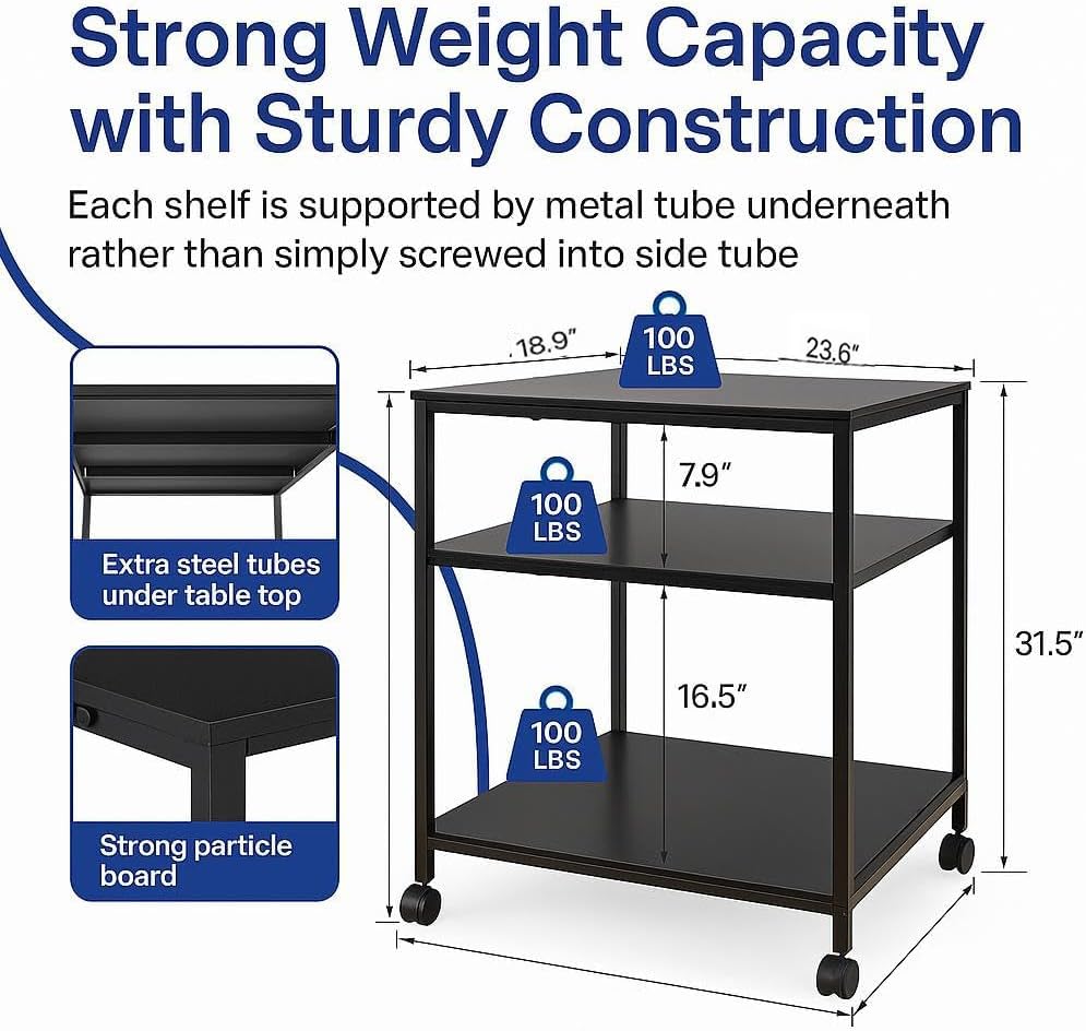 31.5" Heavy Duty Large Printer Stand with Adjustable Storage Shelf, Black - color: Black, size: 3-Tier