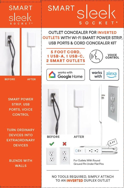 Smart Sleek Socket: Universal Outlet Concealer with Wi-Fi Smart Power Strip - size: 5 ft - Smart, style: Inverted Outlet
