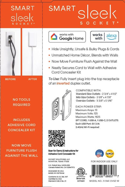 Smart Sleek Socket: Universal Outlet Concealer with Wi-Fi Smart Power Strip - size: 5 ft - Smart, style: Inverted Outlet