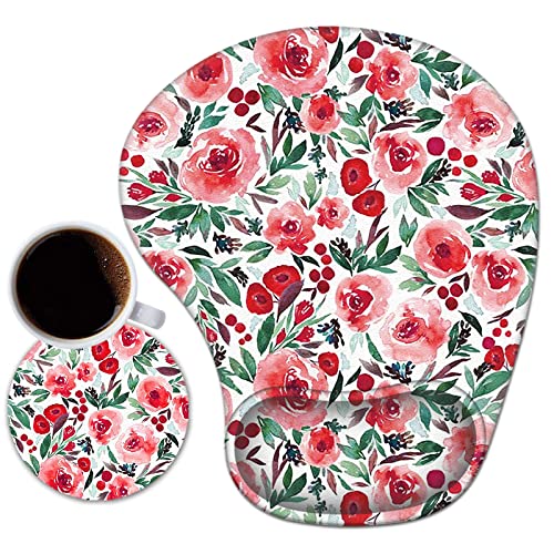 Mouse Pad with Wrist Support, TuLuLu Ergonomic Gel Wrist Rest Pad with Non-Slip PU Base，Comfortable Computer Mouse Pad for Laptop Gaming Office Home Easy Typing & Pain Fatigue Relief, Red Flowers - color: Red Flowers