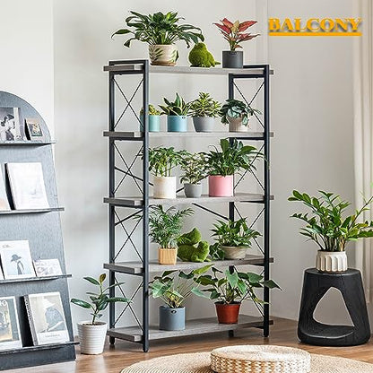 HCHQHS Bookshelf, 5-Tier Industrial Bookcase, Rustic Open Book Shelf, Freestanding Tall Bookshelves with Metal Frame - color: Grey, size: 5-Tier (35.8"W x 65.7"H)