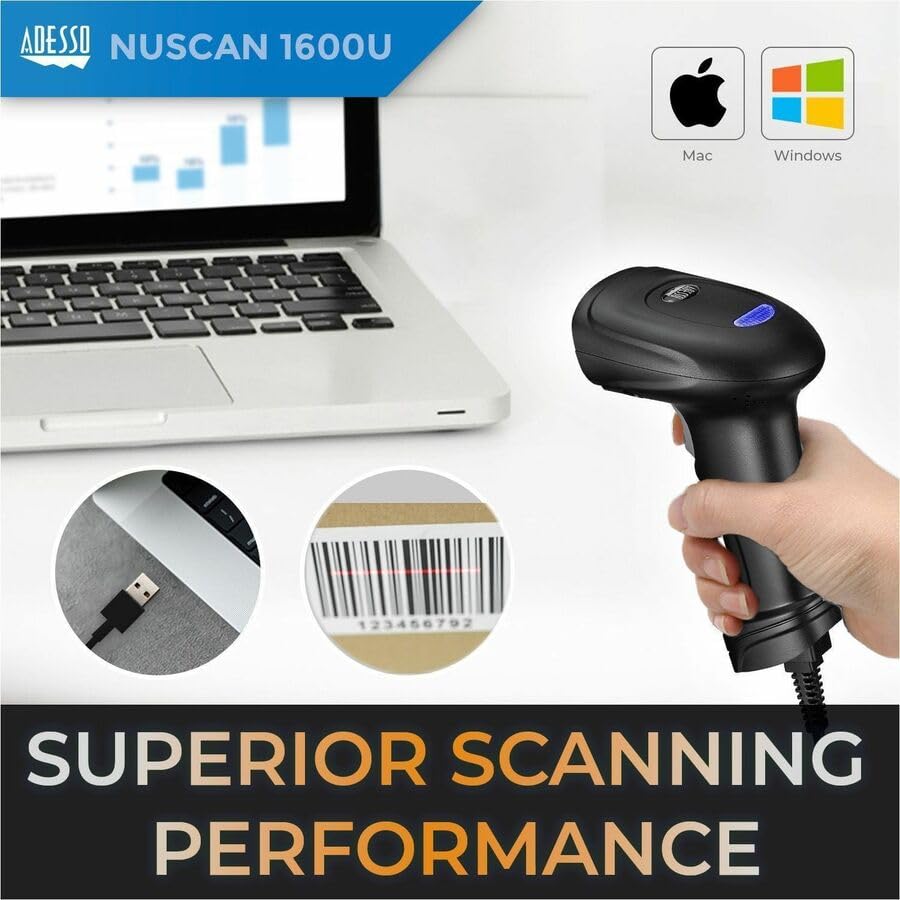 Adesso NuScan 1600U 1D Handheld CCD Barcode Scanner USB