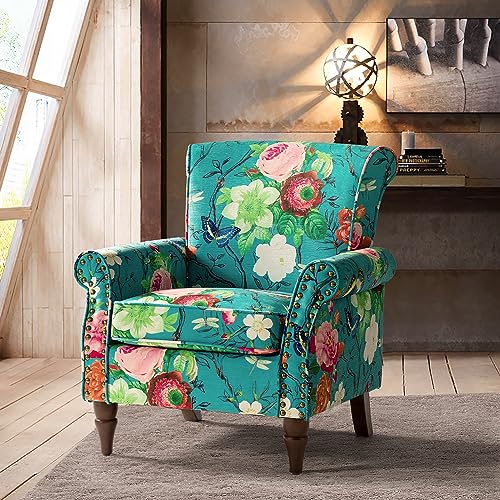 HULALA HOME Traditional Floral Accent Chair with Solid Wood Legs, Blue | Comfy Upholstered Armchair Reading Chair with Rolled Armrests, Nailhead Trim, Removable Cushion, for Living Room Bedroom - color: Blue